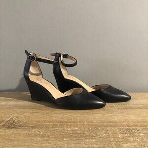 Franco Sarto Fayth Wedge Womens 7.5M Black Leather Ankle Strap Pointed Toe Pumps